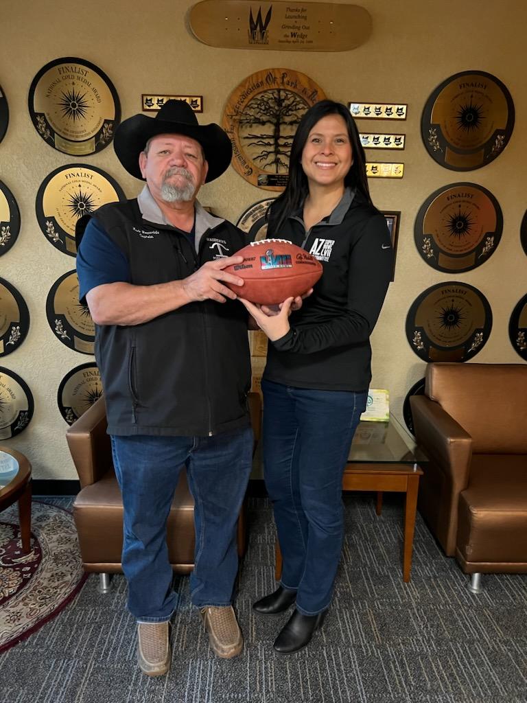 AS you know the Super Bowl is coming to Arizona on February 12!  The Hashknife Pony Express are super excited and pleased to announce the Super Bowl Host Committee has given us a Super Bowl 57 football that will be mailed and delivered on the Hashknife Pony Express.  We will be leaving on February 1st and are scheduled to arrive at the Museum of the West in Scottsdale on February 3rd.  Upon arrival the Super Bowl 57 football will be delivered to Super Bowl Host President and CEO Jay Parry.